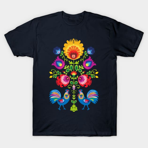 Folklore with Two Roosters - dark background T-Shirt by FK-UK